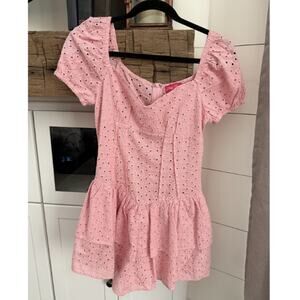 Baby Pink Eyelet Lace Puff Sleeve Peplum Mini Dress Blush Size Small Cottagecore